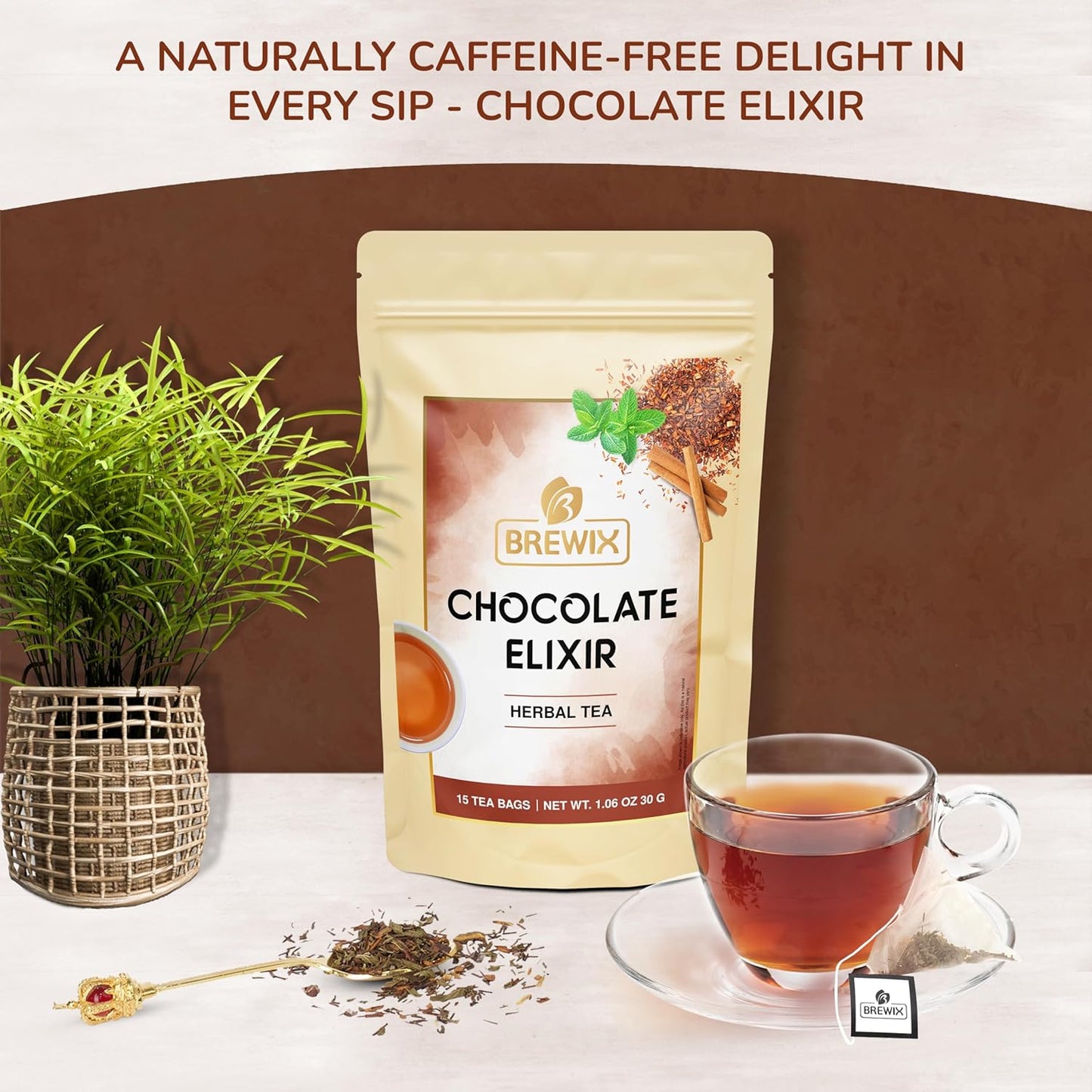 BREWIX, Chocolate Rooibos Herbal Tea (15 Pyramid Tea Bags) | Rich Red Tea with Cocoa, Cinnamon & Mint | Naturally Caffeine-Free | Dessert-Inspired Wellness Blend | Soothing Red Tea for Evening Comfort