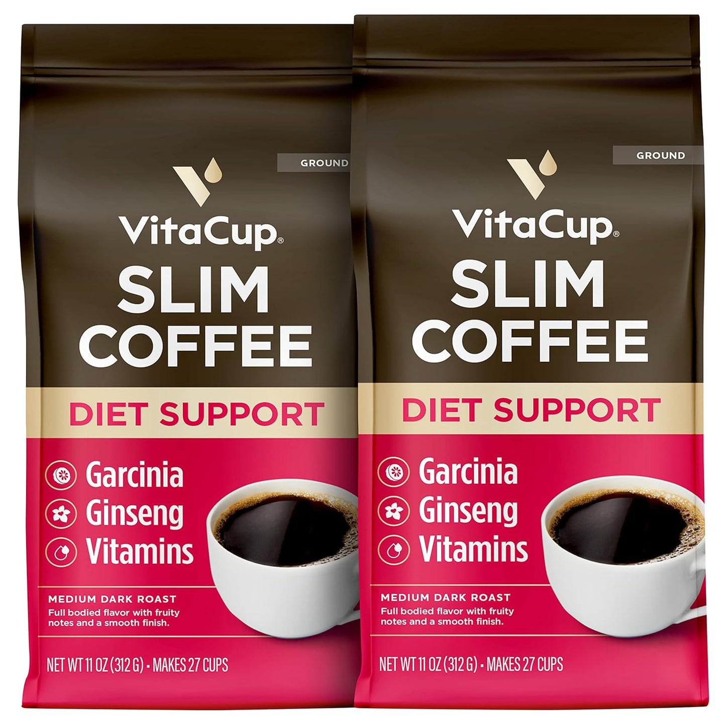 VitaCup Slim Ground Coffee, Diet Support with Ginseng, Garcinia, B Vitamins, Medium Dark Roast, Bold and Smooth,100% Arabica Specialty Coffee Grounds, 2 bags, 11oz each