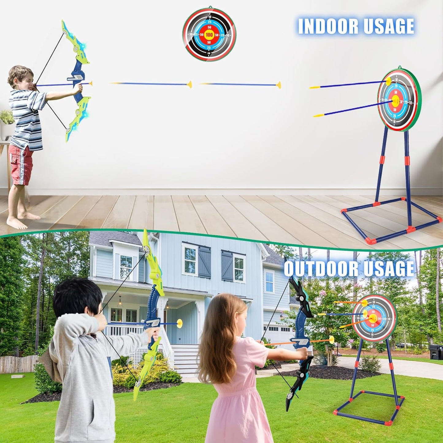 Bow and Arrow Set for Kids 4-12 Years Old, LED Light Up Archery Toy with 20 Suction Cup Arrows and Standing Target, Indoor Outdoor Activity Toys for Ages 4-6 8-13