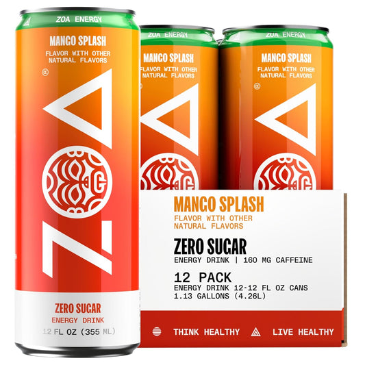 ZOA Zero Sugar Energy Drinks, Mango Splash - Sugar Free with Electrolytes, Healthy Vitamin C, Amino Acids, Essential B-Vitamins, and Caffeine from Green Tea - 12 Fl Oz (Pack of 12)