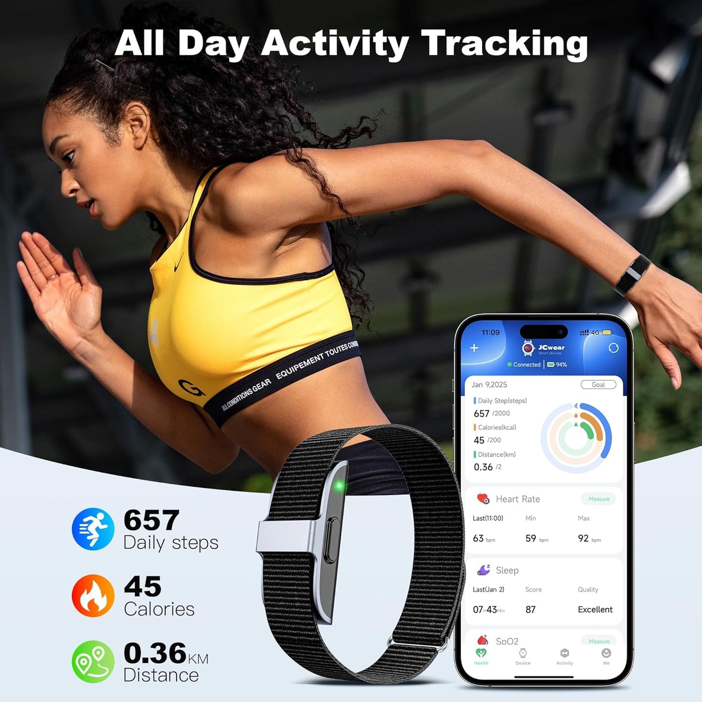 Sleep & Fitness Tracker Wristband for Women Men | 24/7 Heart Rate, Blood Oxygen & Stress Monitor | Step & Calorie Counter | IP68 Waterproof Activity Tracker, No Subscription Fee (Black)