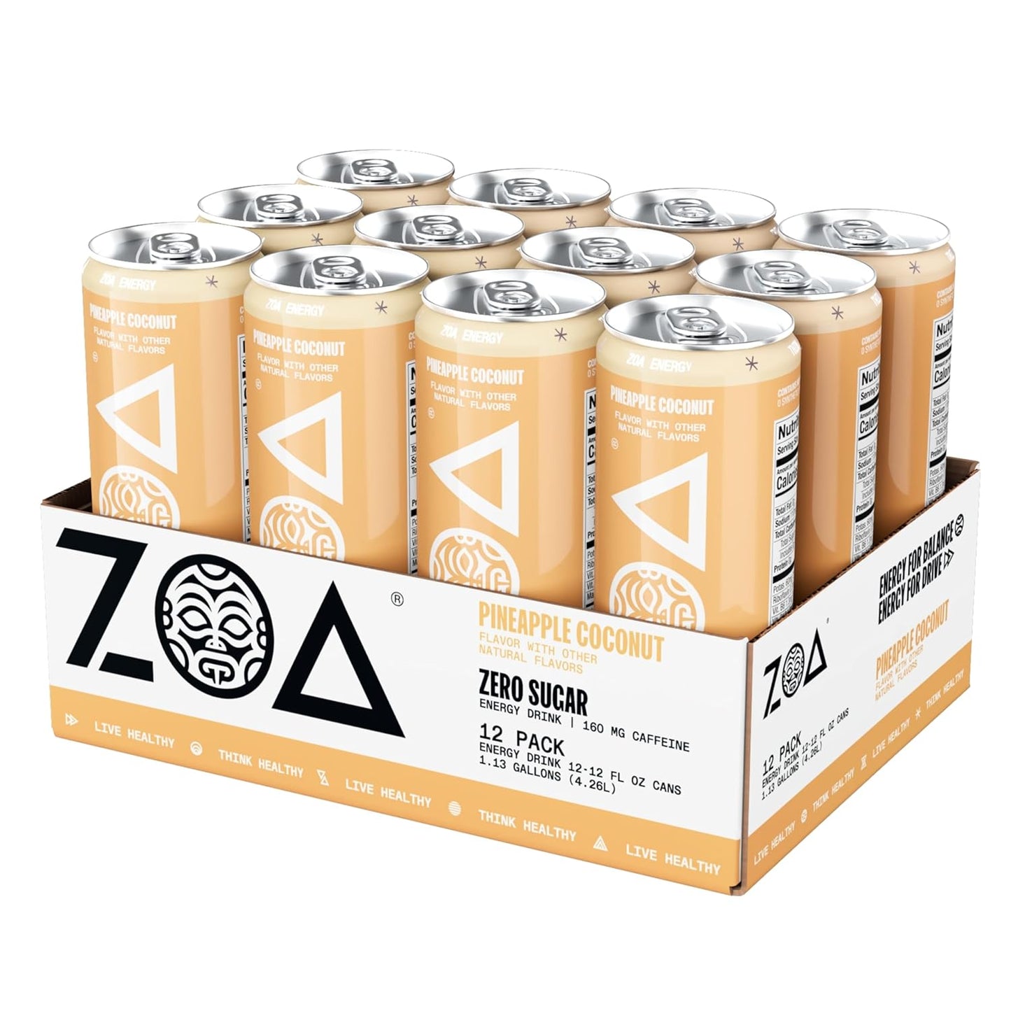 ZOA Zero Sugar Energy Drinks, Pineapple Coconut - Sugar Free with Electrolytes, Healthy Vitamin C, Amino Acids, Essential B-Vitamins, and Caffeine from Green Tea - 12 Fl Oz (12-Pack)