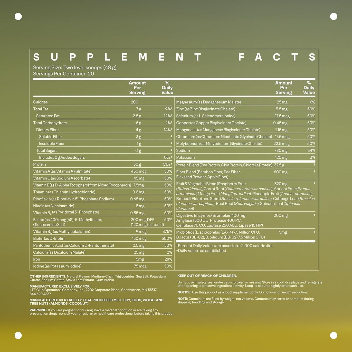 LTH Fuel Vegan & All-in-One - Trusted by Life Time Fitness Members - 30g Protein - Plant-Based Protein Meal Replacement - Vitamins, Minerals, Digestive Enzymes & Probiotics - Vanilla, 20 Servings