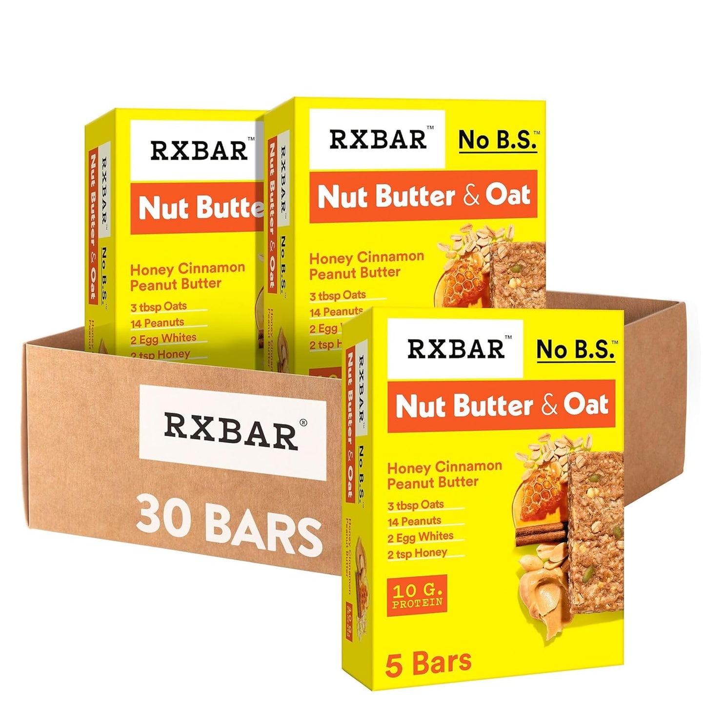 RXBAR Nut Butter and Oat Protein Bars, Protein Snacks, Snack Bars, Honey Cinnamon Peanut Butter (6 Boxes, 30 Bars)