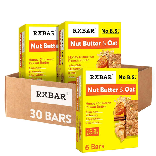 RXBAR Nut Butter and Oat Protein Bars, Protein Snacks, Snack Bars, Honey Cinnamon Peanut Butter (6 Boxes, 30 Bars)