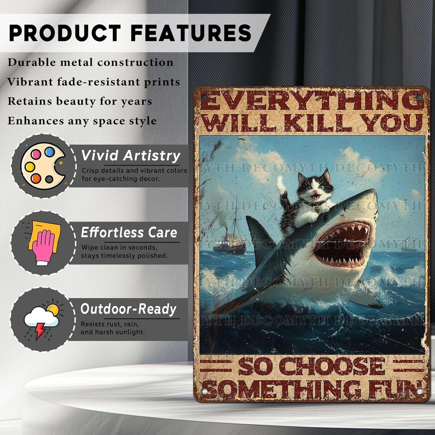 Vintage Cat Tin Sign Everything Will Kill You So Choose Something Fun Retro Shark Metal Poster Funny Cat Lovers Wall Art Decorations for Home Shop Bar Hotel Indoor Outdoor 12 * 16inch