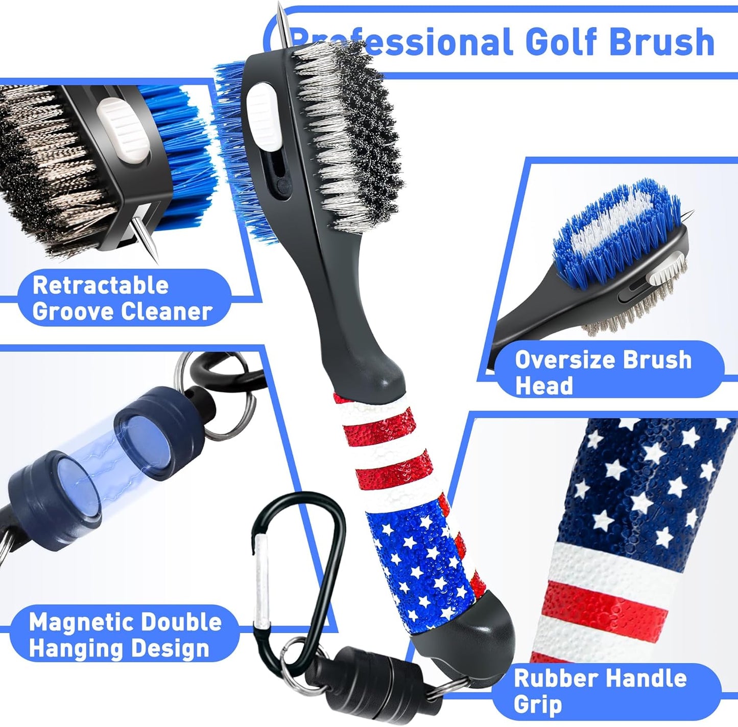 Golf Club Brush and Amercian Flag Golf Towels, Golf Groove Cleaner Cleaning kit, Golf Accessories Cleaner Tool with Strong Magnet Stick to Golf Clubs or Bag
