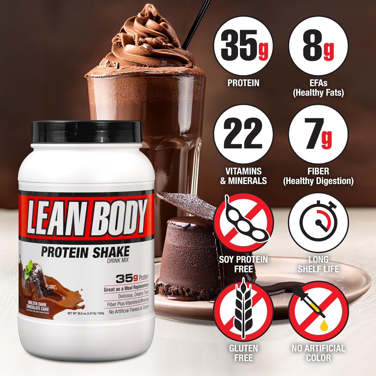 Labrada Lean Body Hi-Protein Meal Replacement Shake, Molten Dark Chocolate Cake PACKAGING MAY VARY