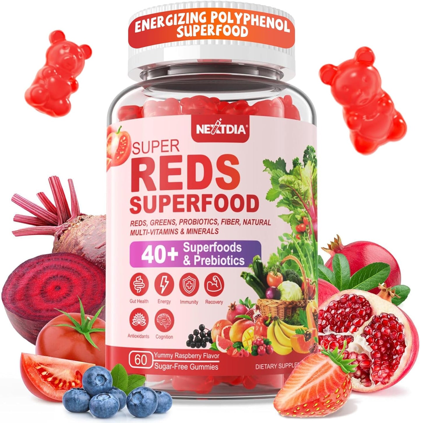 Fruit and Veggie Supplement, Super Greens & Reds Gummies w/40+ Superfoods, Multivitamin, Polyphenol, Spirulina Chlorella, Beet Root Powder Alternative, Support Energy Antioxidants & Gut Health, 120Cts