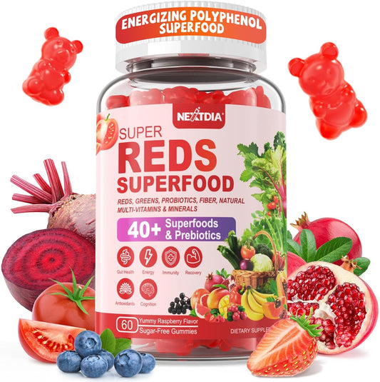 Fruit and Veggie Supplement, Super Greens & Reds Gummies w/40+ Superfoods, Multivitamin, Polyphenol, Spirulina Chlorella, Beet Root Powder Alternative, Support Energy Antioxidants & Gut Health, 120Cts