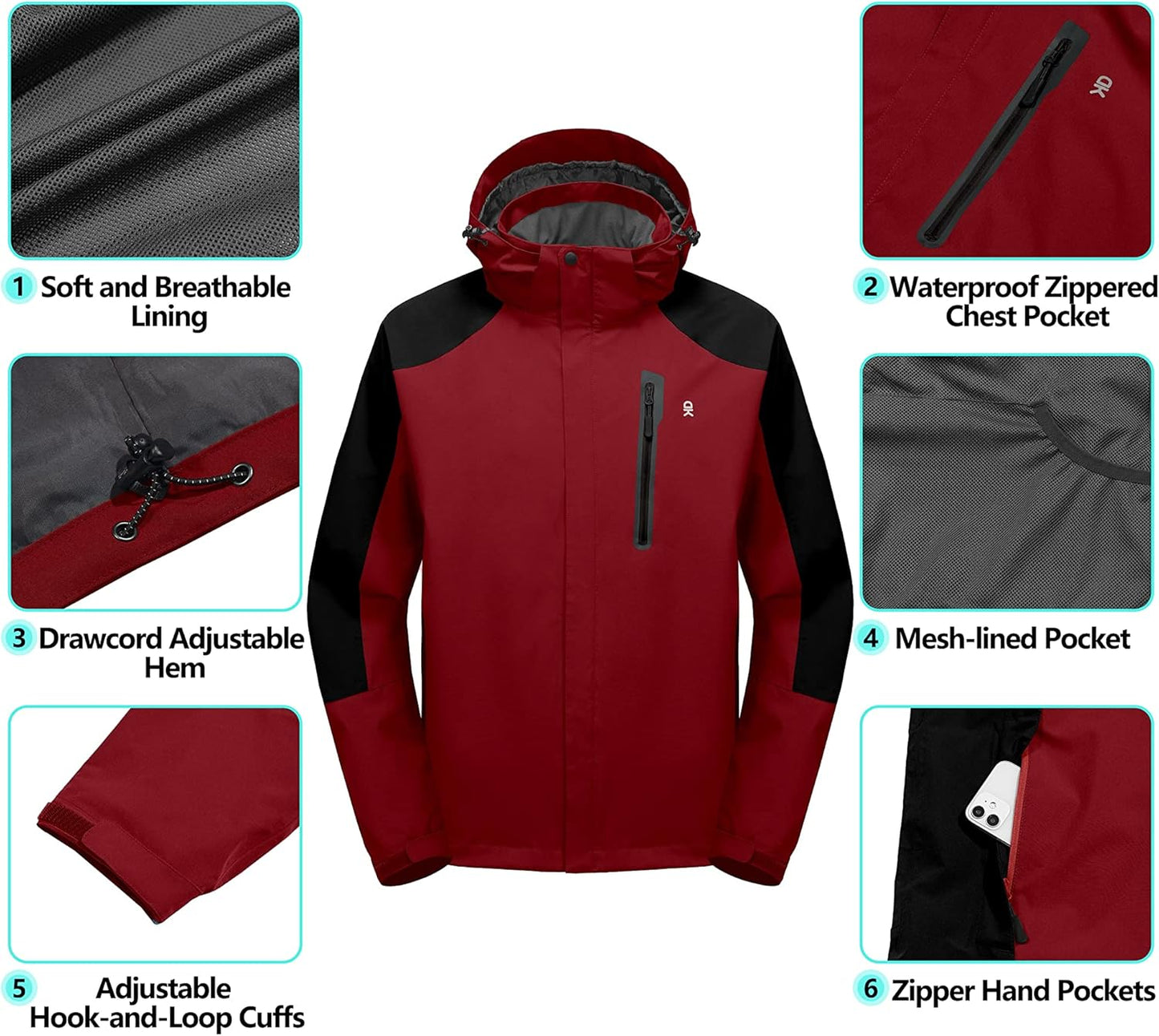 Little Donkey Andy Men's Waterproof Rain Jacket Outdoor Lightweight Hooded Raincoat for Hiking Golf Travel Fishing