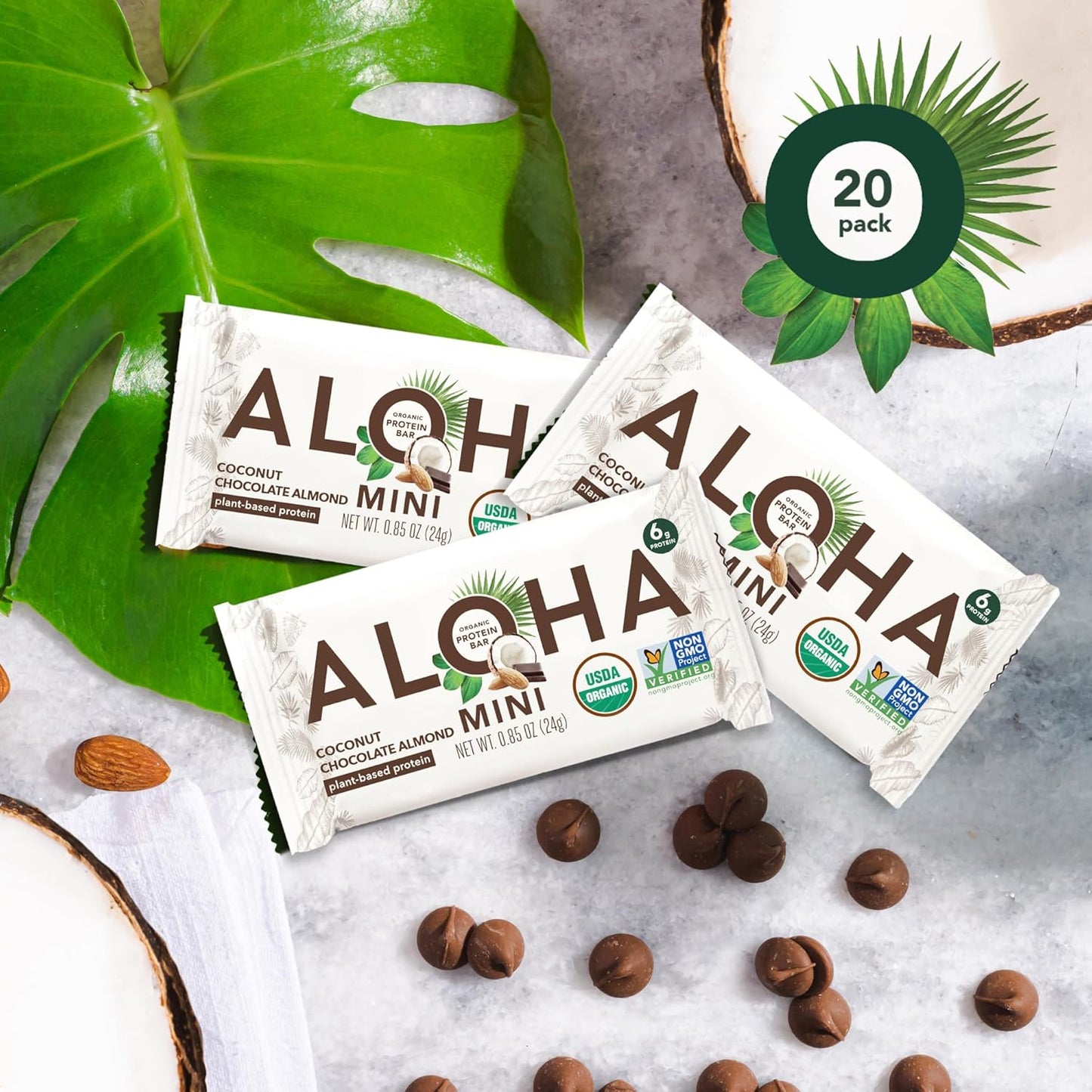 ALOHA Organic Plant Based Protein Bar MINIS |Coconut Chocolate Almond | 20 Count, 24g Bars | Vegan, Low Sugar, Gluten Free, Paleo, Low Carb, Non-GMO, Stevia Free, Soy Free, No Sugar Alcohols