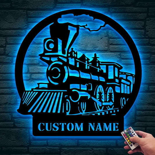 Personalized Metal Sign With LED Light, Train Room Decor, Railroad Wall Art, Custom Steam Train Home Decoration
