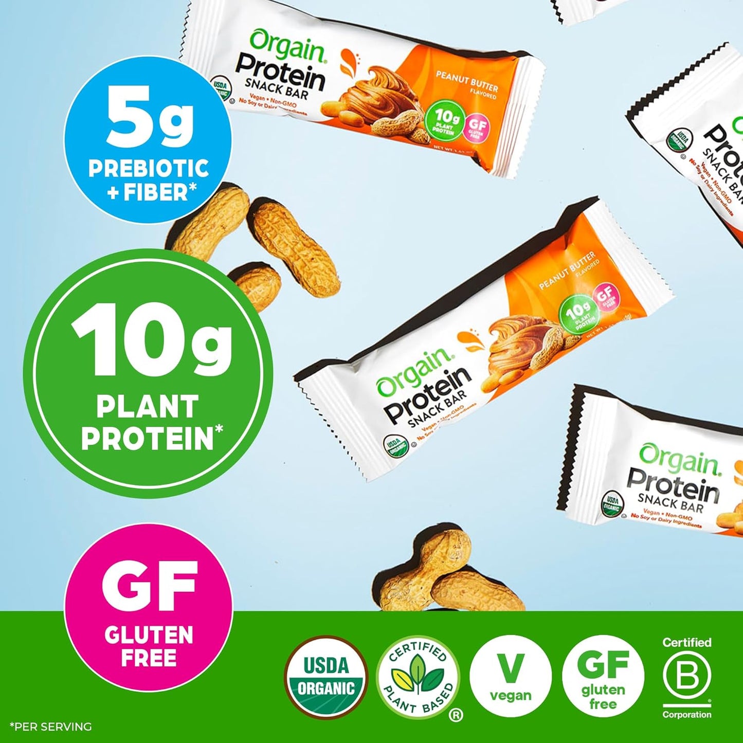 Orgain Organic Vegan Protein Bars, Peanut Butter - 10g Plant Based Protein, Low Calorie Healthy Snacks, No Lactose or Soy Ingredients, Gluten Free, Non-GMO - 1.41 Oz (Pack of 12)