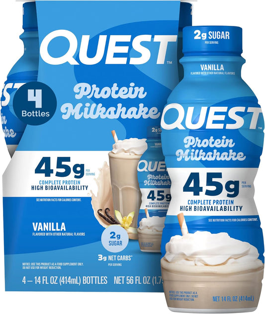 Quest Nutrition Vanilla Protein Shake, 45g Protein, 2g Sugar, 3g Net Carbs, Ready to Drink, Gluten Free, 4 Count