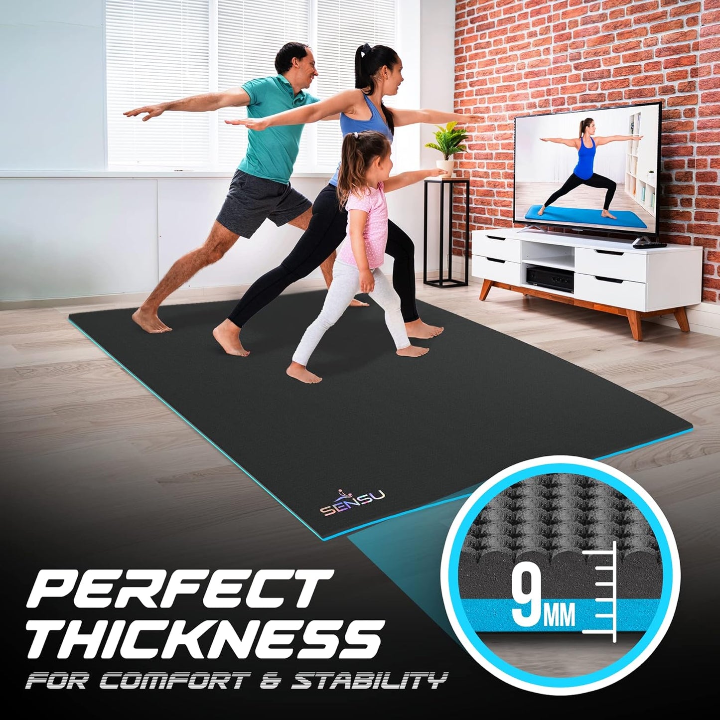 Sensu Large Yoga Mat - 7' x 5' x 9mm Extra Thick Yoga Mat for Men and Women - Non-Slip Surface for Extra Grip - Ideal for Hot Yoga, Pilates, Grounding and Meditation at Home or in Studios