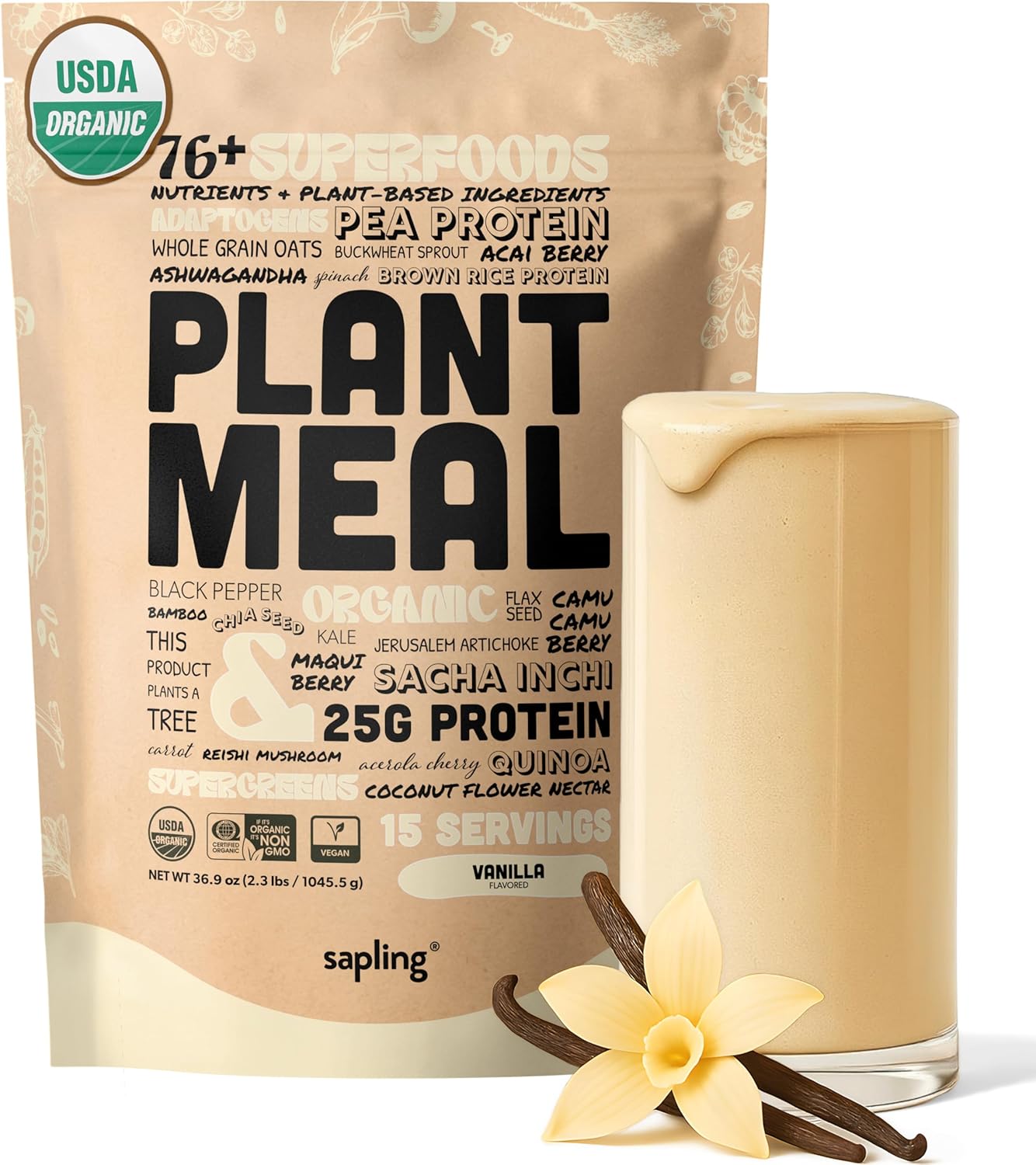 Plant Meal Replacement Shake - Vanilla - 25g of Plant Based Vegan Protein Powder, 76+ Organic Superfoods, Vitamins & Minerals, Mushrooms, Super Greens, Digestive Enzymes & Probiotics - 15 Servings