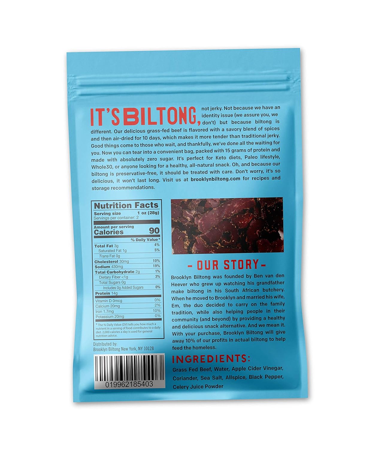 New Brooklyn Biltong - Air Dried Grass Fed Beef Snack, South African Beef Jerky - Whole30 Approved, Paleo, Keto, Gluten Free, Sugar Free, Made in USA - 2 oz (Original))