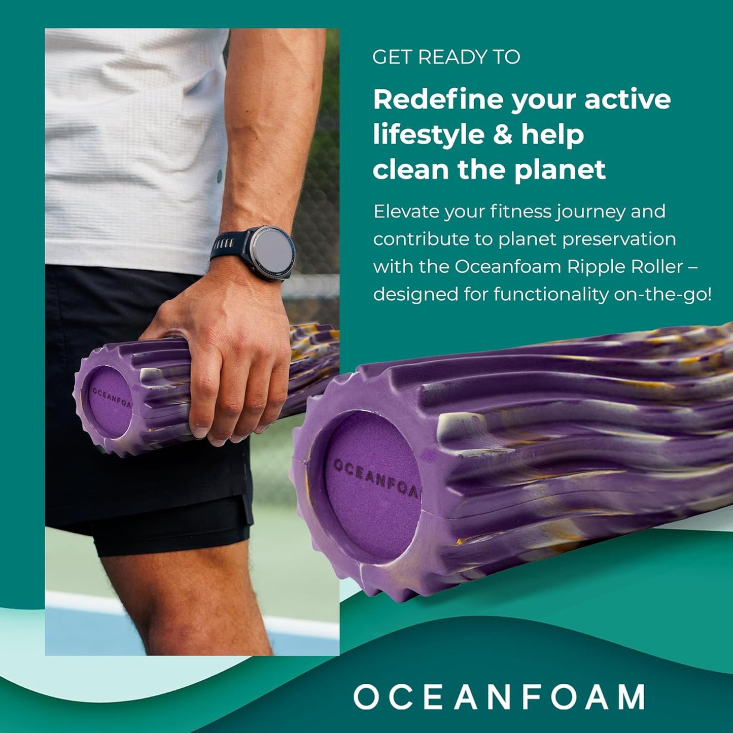 Oceanfoam Ripple Travel Foam Roller (11" x 3.35") Firm Mini Foam Roller for Physical Therapy, Deep Tissue Massage, Back Pain - High Density, Wave Textured - Yoga (Purple, Gold & Natural Marbled)