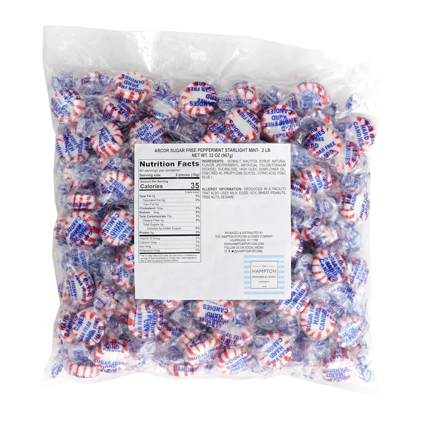 Arcor Sugar Free Peppermint Starlight Mints, 2 Pound Bulk Bag (Approx 140 Pieces), Individually Wrapped Hard Candy, The Hampton Popcorn & Candy Company