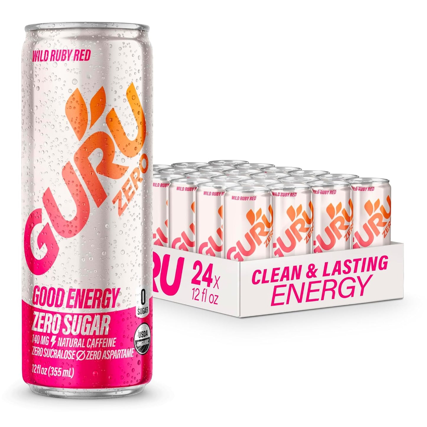 GURU ZERO SUGAR Wild Ruby Red Organic Energy Drinks, Clean Energy Drink with Plant Based Natural Caffeine from Green Tea, Coconut Water, Prebiotic, Zero Added sugars, Gluten Free and Vegan, Pre Workout, Healthy Drinks, 12oz (Pack of 24)