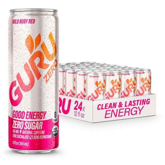 GURU ZERO SUGAR Wild Ruby Red Organic Energy Drinks, Clean Energy Drink with Plant Based Natural Caffeine from Green Tea, Coconut Water, Prebiotic, Zero Added sugars, Gluten Free and Vegan, Pre Workout, Healthy Drinks, 12oz (Pack of 24)