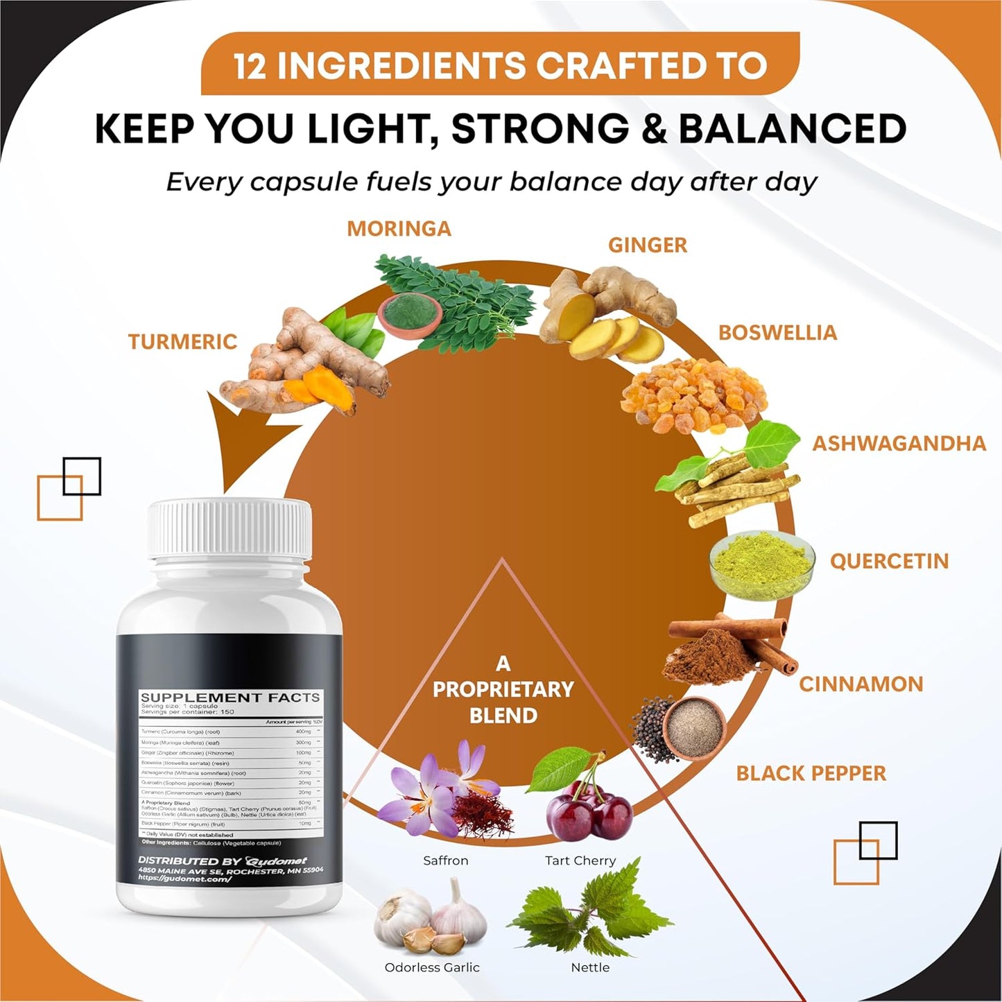 Turmeric Moringa Ginger Boswellia Quercetin Cinnamon Saffron Tart Cherry Odorless Garlic Nettle -150 Capsules- Made in USA