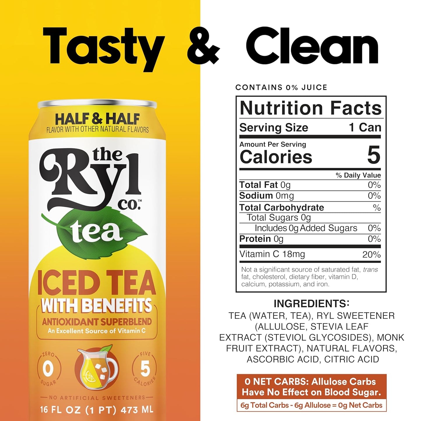 Ryl Half & Half Iced Tea – Antioxidant Superblend, No Artificial Ingredients, Zero Sugar, Five Calories, Low Carb, Non-GMO, Kosher, Gluten Free, Made in the USA, 12-Pack, 16 Fl Oz