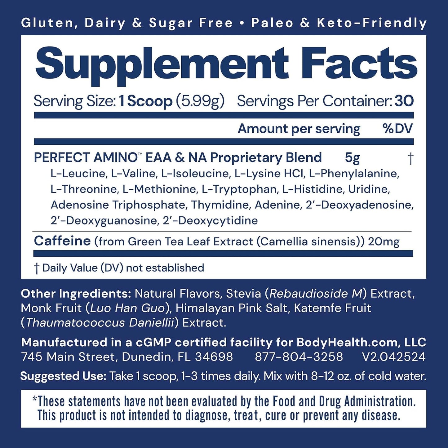 BodyHealth PerfectAmino Powder - BCAA and EAA Powder for Pre and Post Workout - Amino Acid Energy Drink for Men and Women to Support Lean Muscle and Recovery - Mocha - 30 Servings