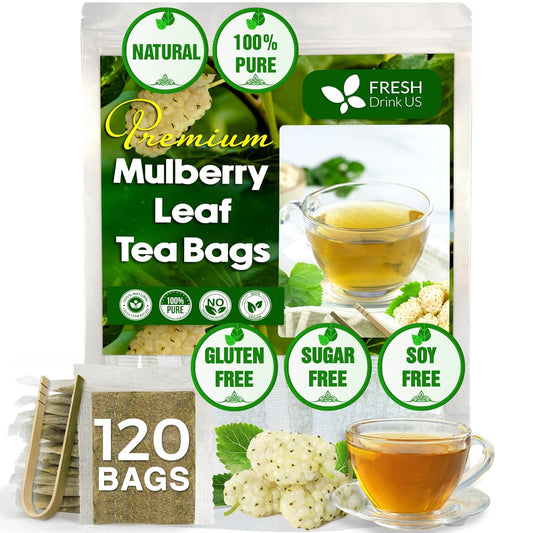 FreshDrinkUS Premium 120 Mulberry Leaf Tea Bags, 100% Natural & Pure. Loose Leaf Herbal Tea. Made with Natural Material Tea Bags. No Sugar, No Caffeine, No Gluten, Vegan