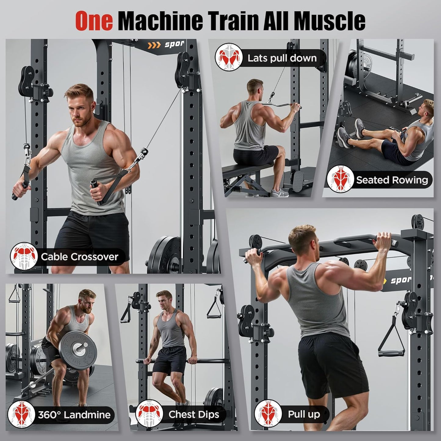 Sportsroyals Power Cage,1600lbs Multi-Function Power Rack with Adjustable Cable Crossover System and More Training Attachment, Weight Cage for Home Gym