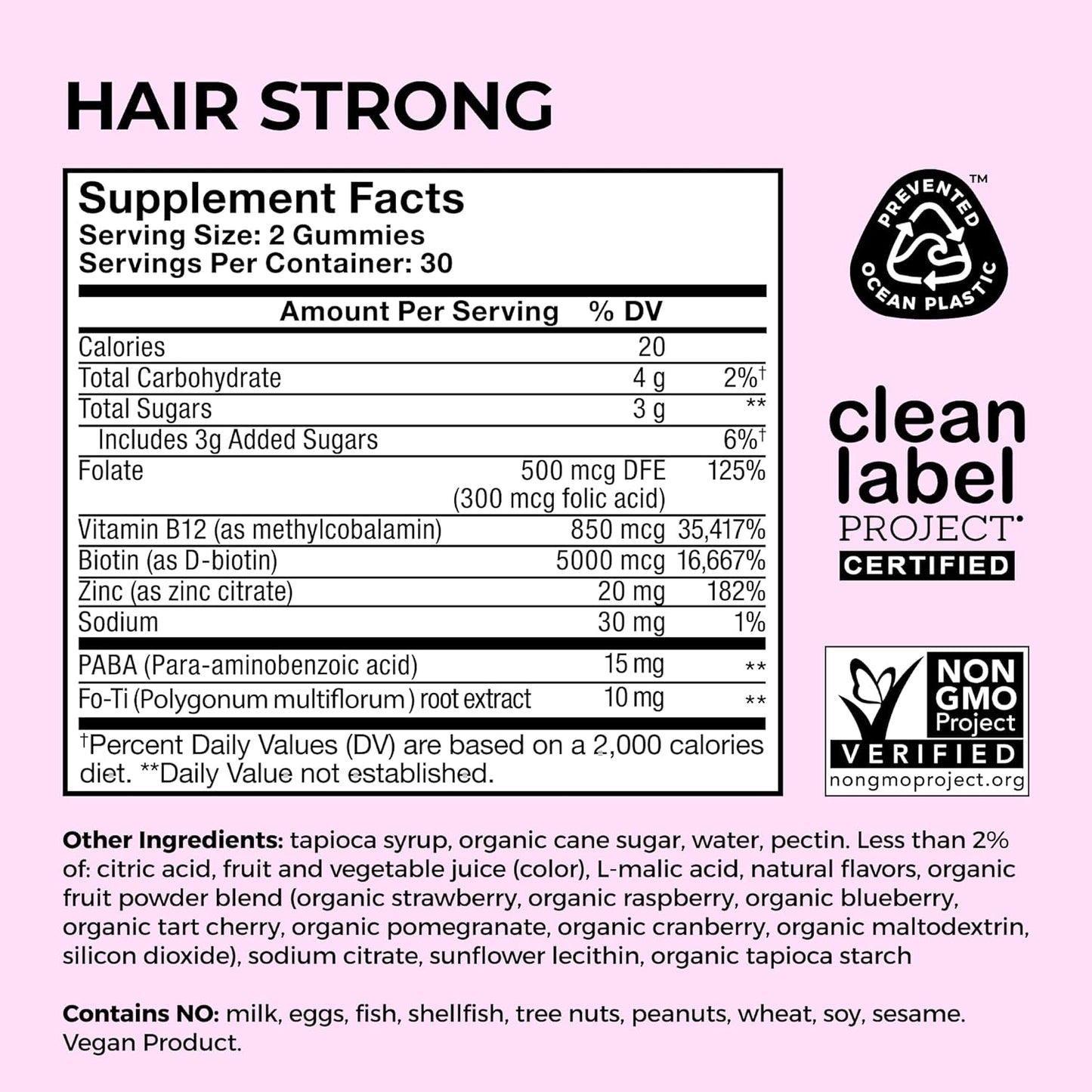 HUM Hair Strong - Daily Gummies with Biotin to Improve Hair Growth - Fo Ti, Folic Acid, Zinc, Vitamin B12 & PABA to Support Healthy Hair, Skin and Nails for Women and Men (60-Count)