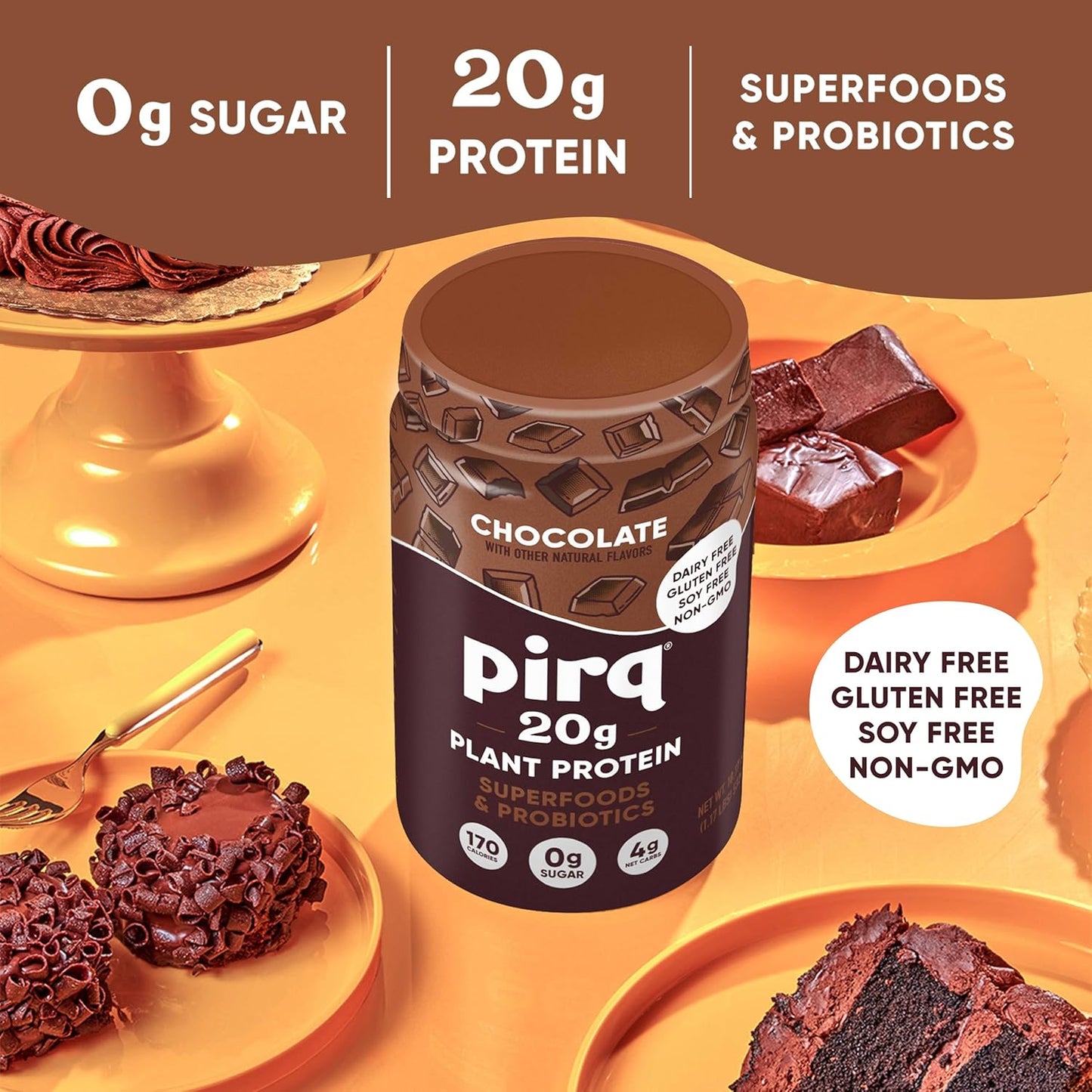 Pirq Dairy Free Protein Powder with 20g Protein, Plant Based, 2B CFU Probiotics, 25 Superfoods Greens and Fruits, Vegan, 0g Sugar (14 Servings) (Chocolate)