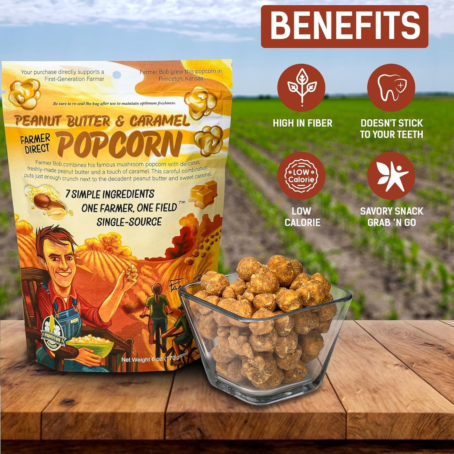 Gourmet Popcorn Bags, Peanut Butter Caramel Corn, Vegan, Gluten Free, Non-GMO, 7 Ingredient, Healthy Resealable Snack, 6oz Bag, Perfect Snacks for Adults, Peanut Butter Pretzels Flavor Farmer Direct - PuffyCrunch by Princeton Popcorn USA Made