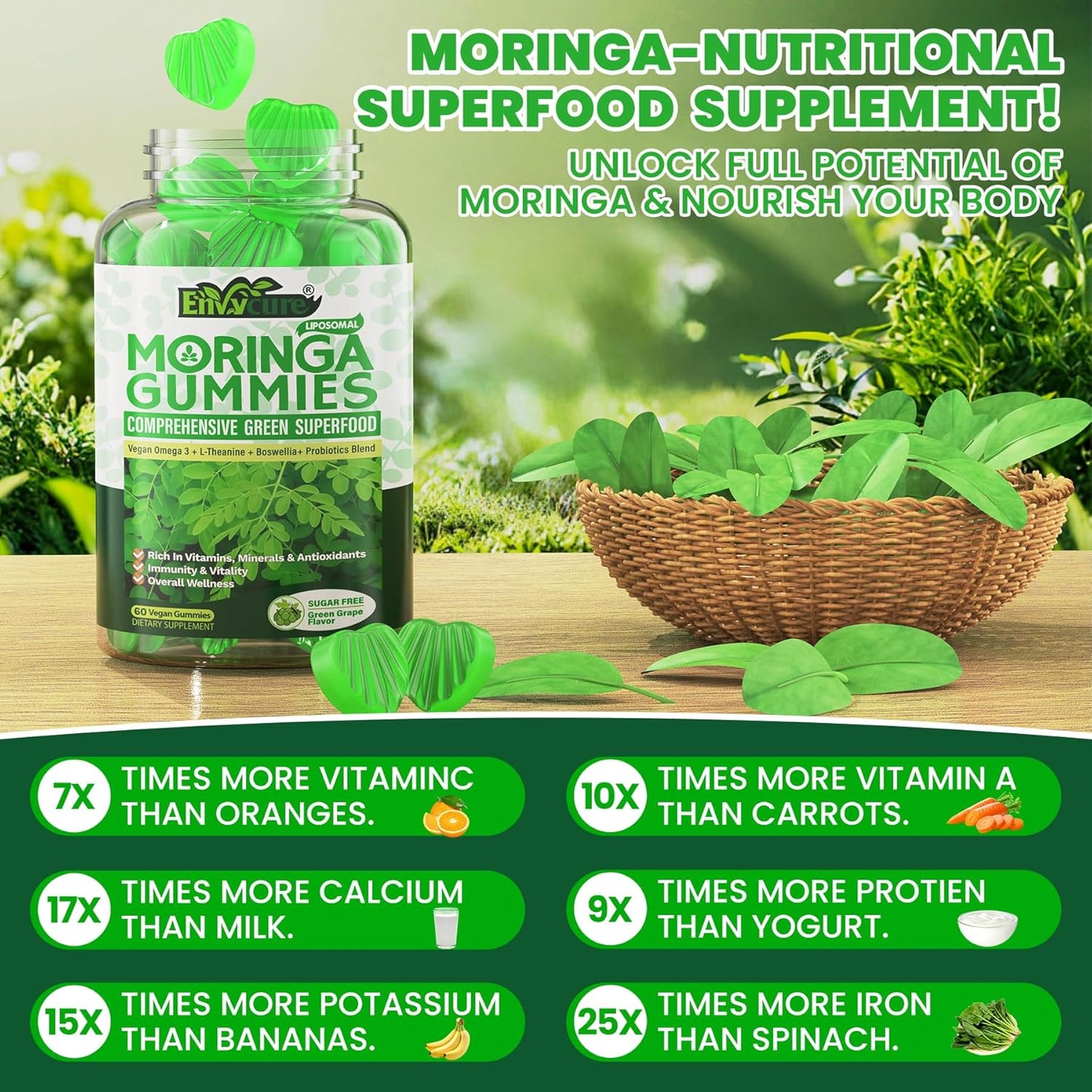 Organic Moringa Gummies 1000mg for Women Men, Liposomal Nutrient-Dense Pure Green Superfood, w/Vegan Omega-3, Boswellia, L-Theanine & Probiotic, for Energy, Focus, Antioxidants & Gut Health, 120Cts