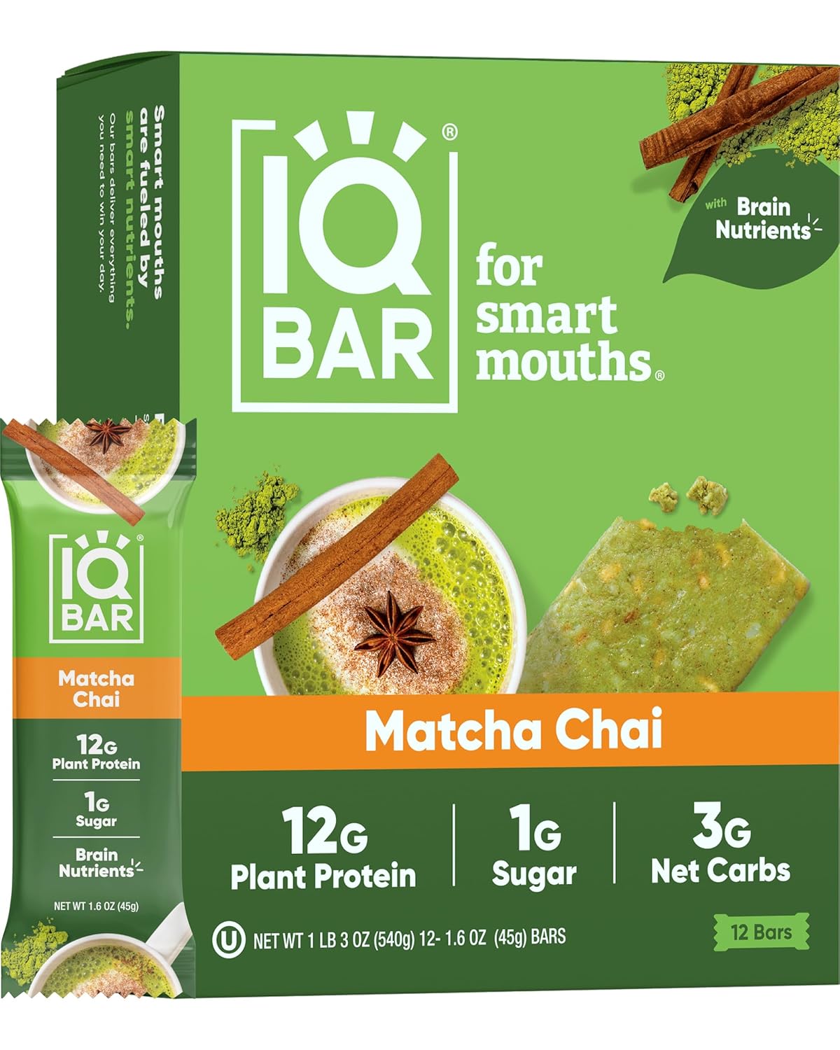 IQBAR Brain and Body Plant Protein Bars - Matcha Chai - 12-Count Low Carb - Gluten Free, High Fiber, Vegan Snacks - Low Sugar Meal Replacement