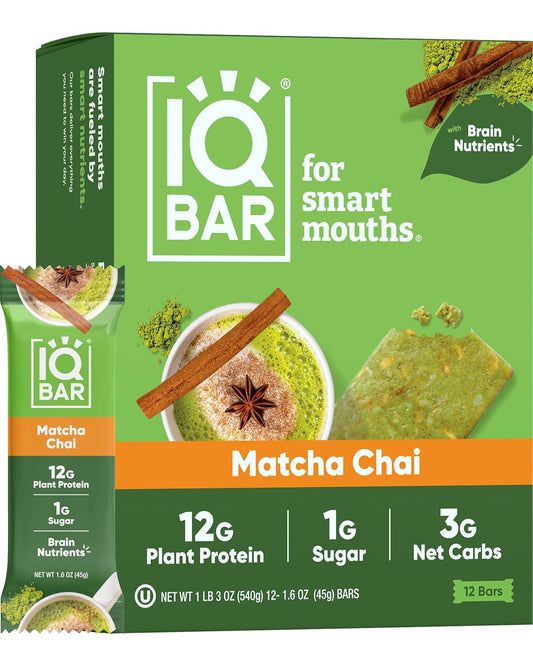 IQBAR Brain and Body Plant Protein Bars - Matcha Chai - 12-Count Low Carb - Gluten Free, High Fiber, Vegan Snacks - Low Sugar Meal Replacement