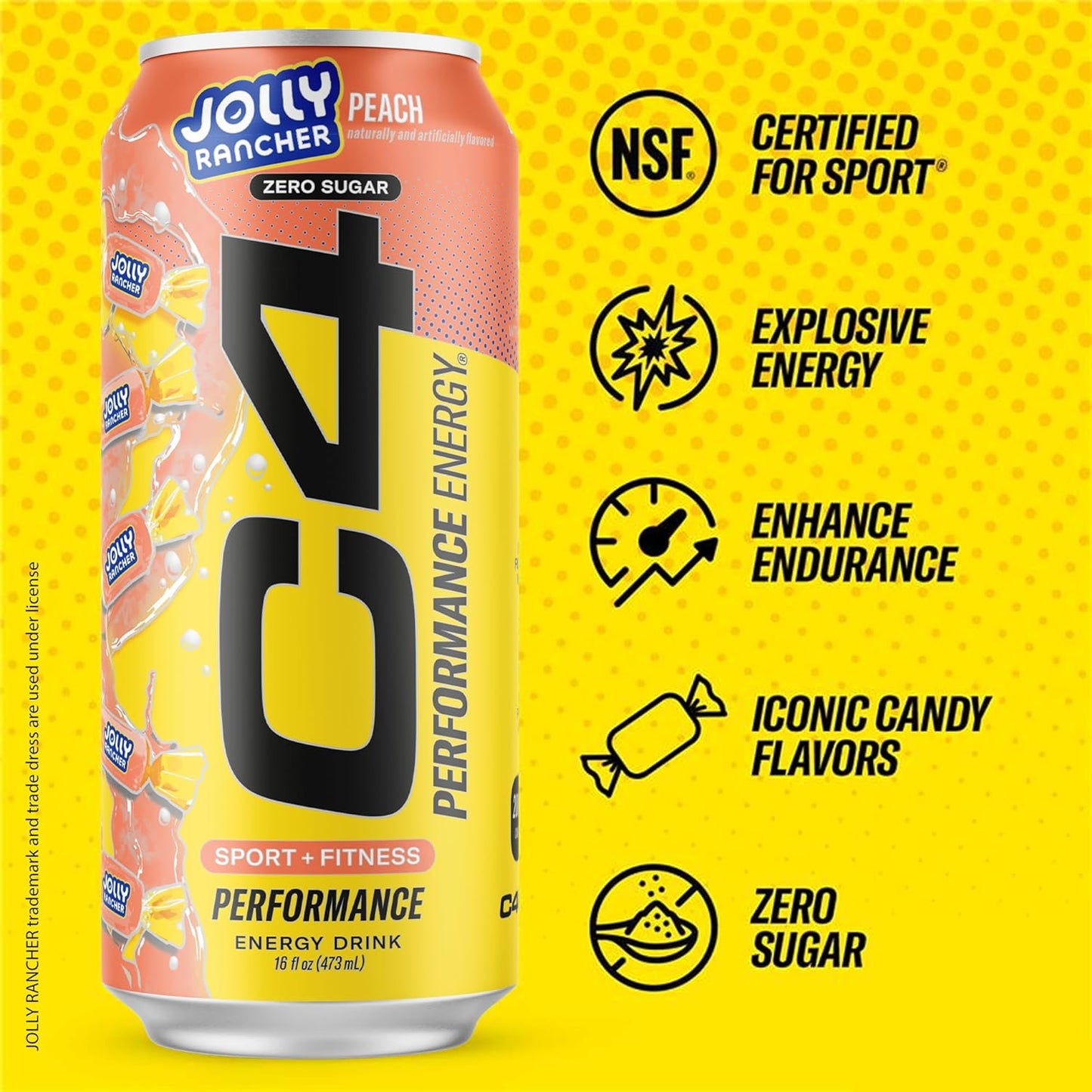 Cellucor C4 Performance Energy Drink | JOLLY RANCHER Peach | Zero Sugar Carbonated Preworkout Energy | 200mg Caffeine with Beta Alanine | 16 Fl Oz (12 Pack)