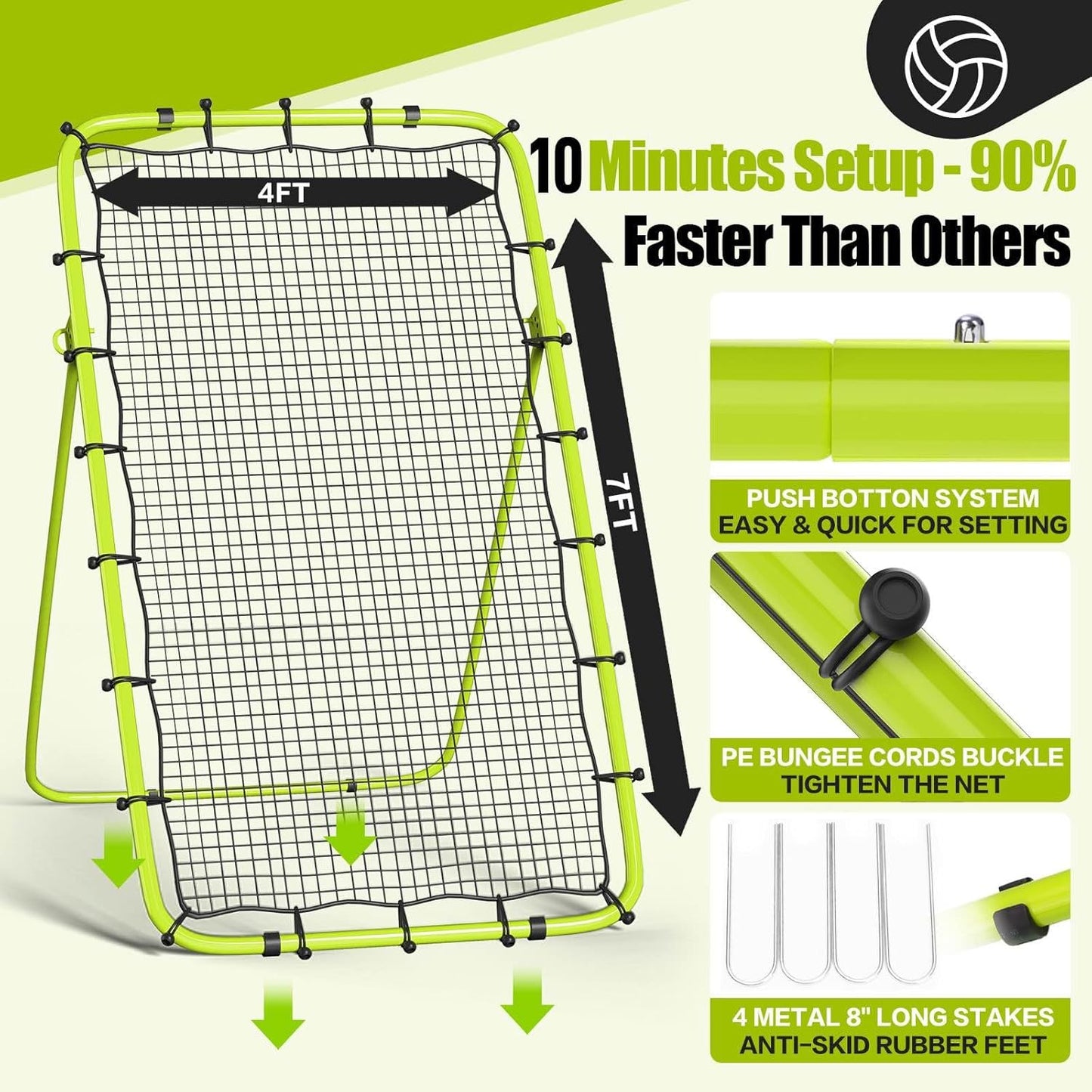 Volleyball Rebounder Net 7x4 Ft, 5-Angle Adjustable Rebounder Net for Practicing Digging, Setting, Spiking, Bounce Back Training Equipment with 2 Target Stripes & Portable Travel Bag for Storage