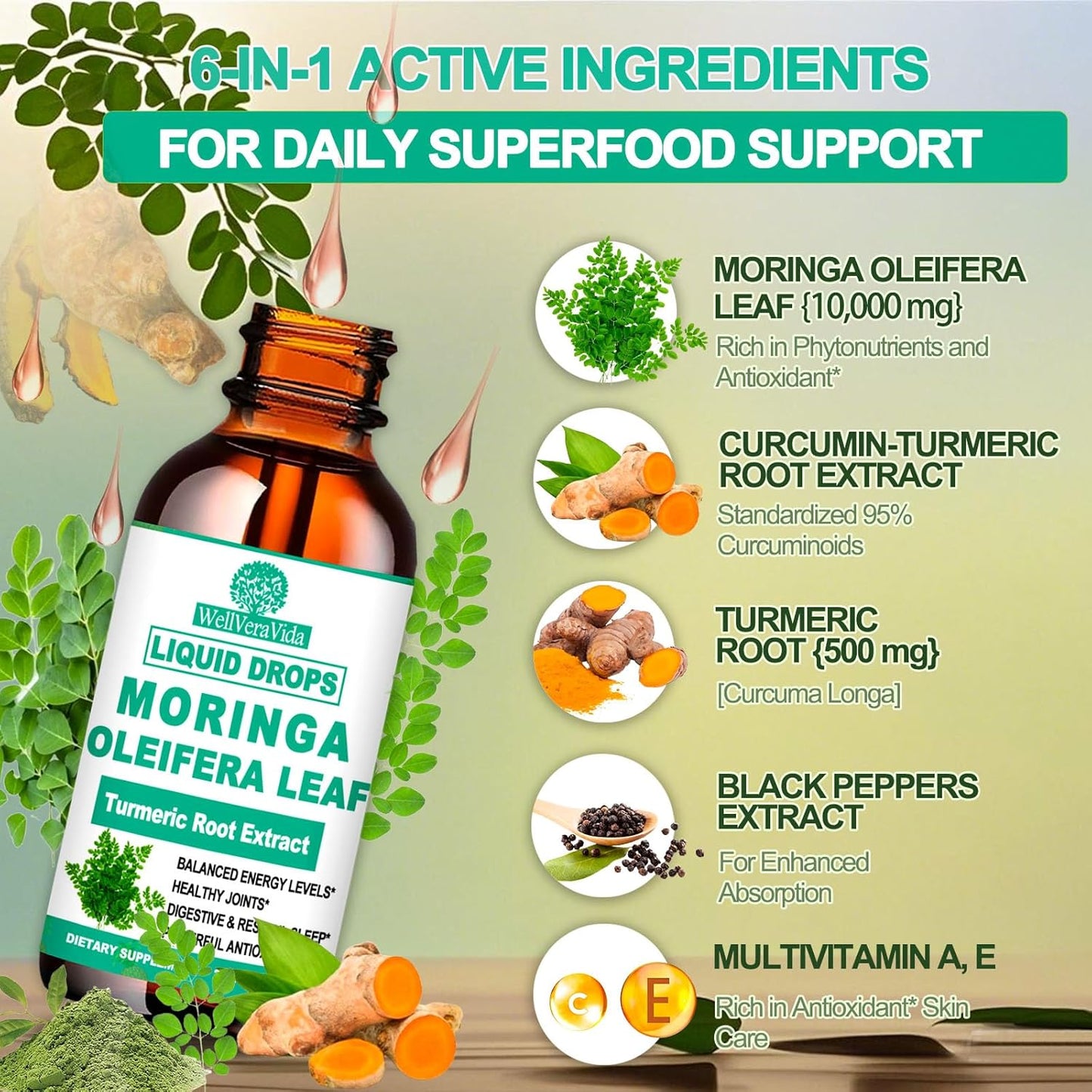 Organic Moringa Liquid Drops, Pure Moringa Oleifera Leaf Extract w. Turmeric, Black Pepper & Vitamin C E, Moringa Supplemens for Activates AMPK & GLP-1, Energy Antioxidant Skin Gut