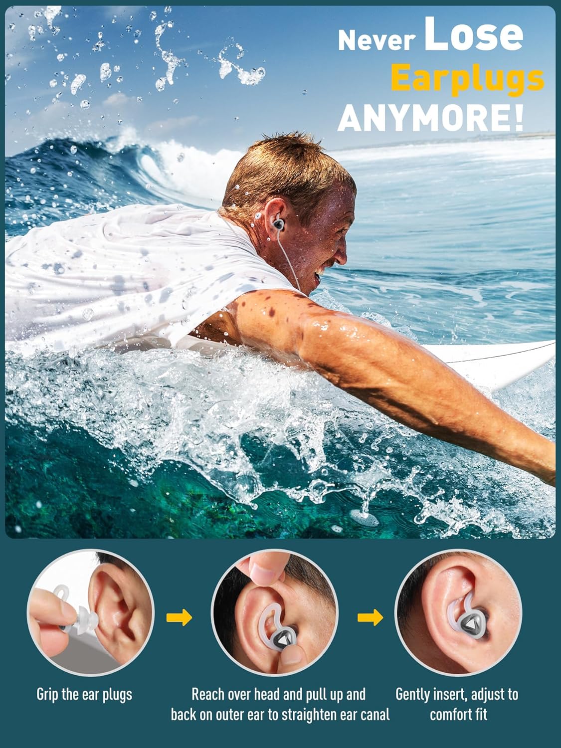 Ear Plugs for Swimming and Surfing with Lanyard, Block Out Water Let Sound in, Reusable Comfy Custom-fit Swimmer Earplugs for Snorkeling, Shower, Pool, Swim, Bath, Kayaking, incl Carry Case