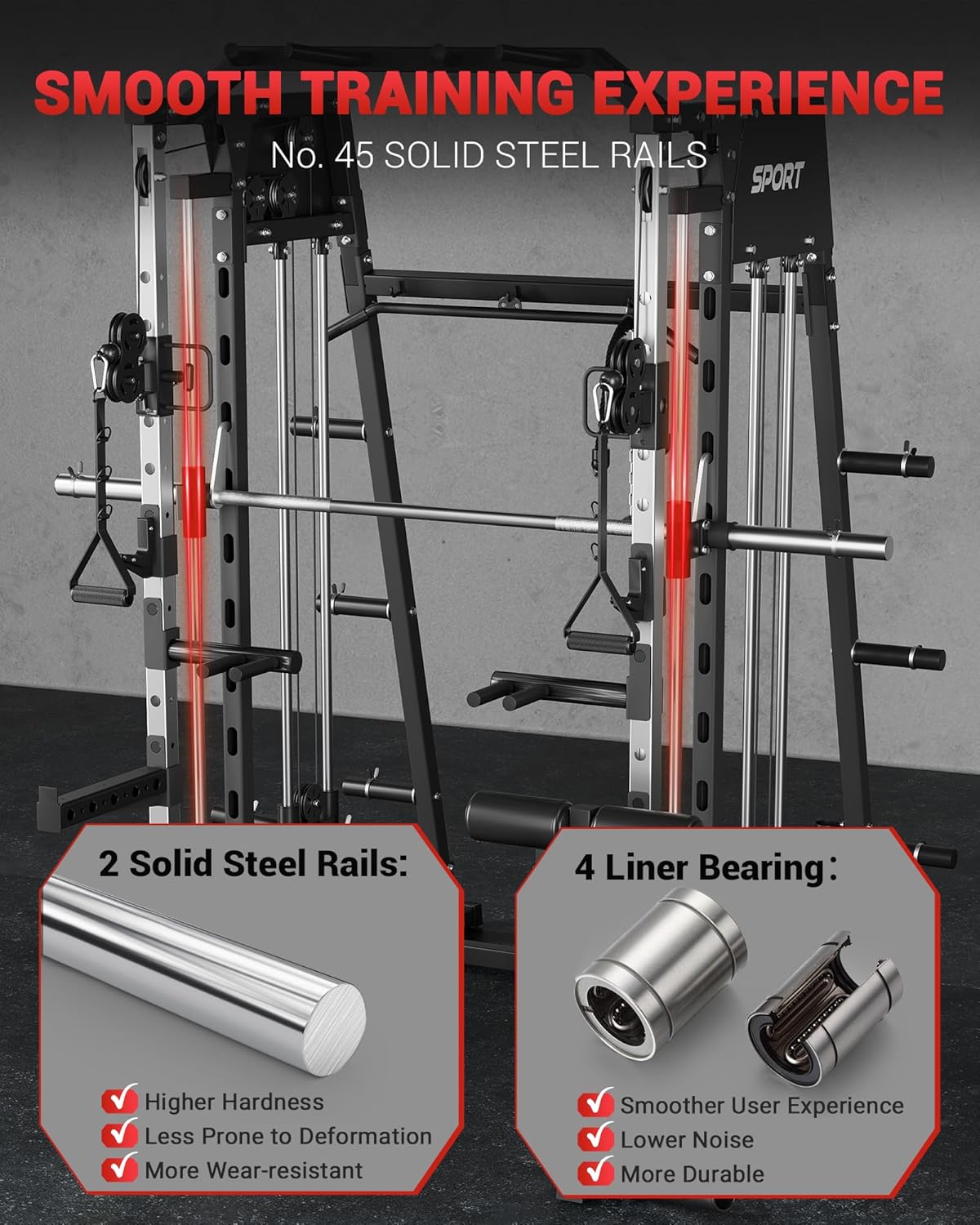 Smith Machine Home Gym All in One, 2200LBS Squat Rack Power Cage with Smith Bar, LAT Pull-Down, Cable Systems, Leg Hold-Down and More Attachments, Workout Equipment (Red Black)