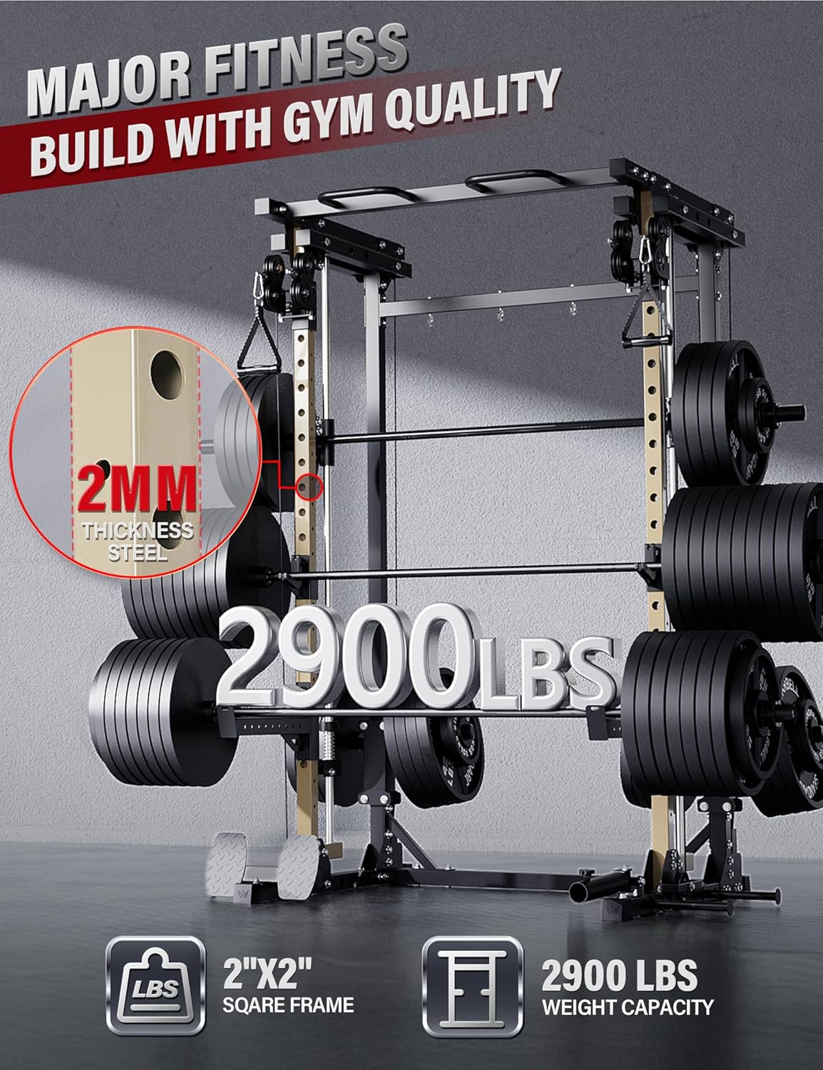 Major Fitness Drone3 Smith△ Machine – All-in-One Home Gym Squat Rack with Weight Bar, Cable Crossover Machine – Heavy-Duty Fitness Equipment for Strength Training and Full-Body Workouts