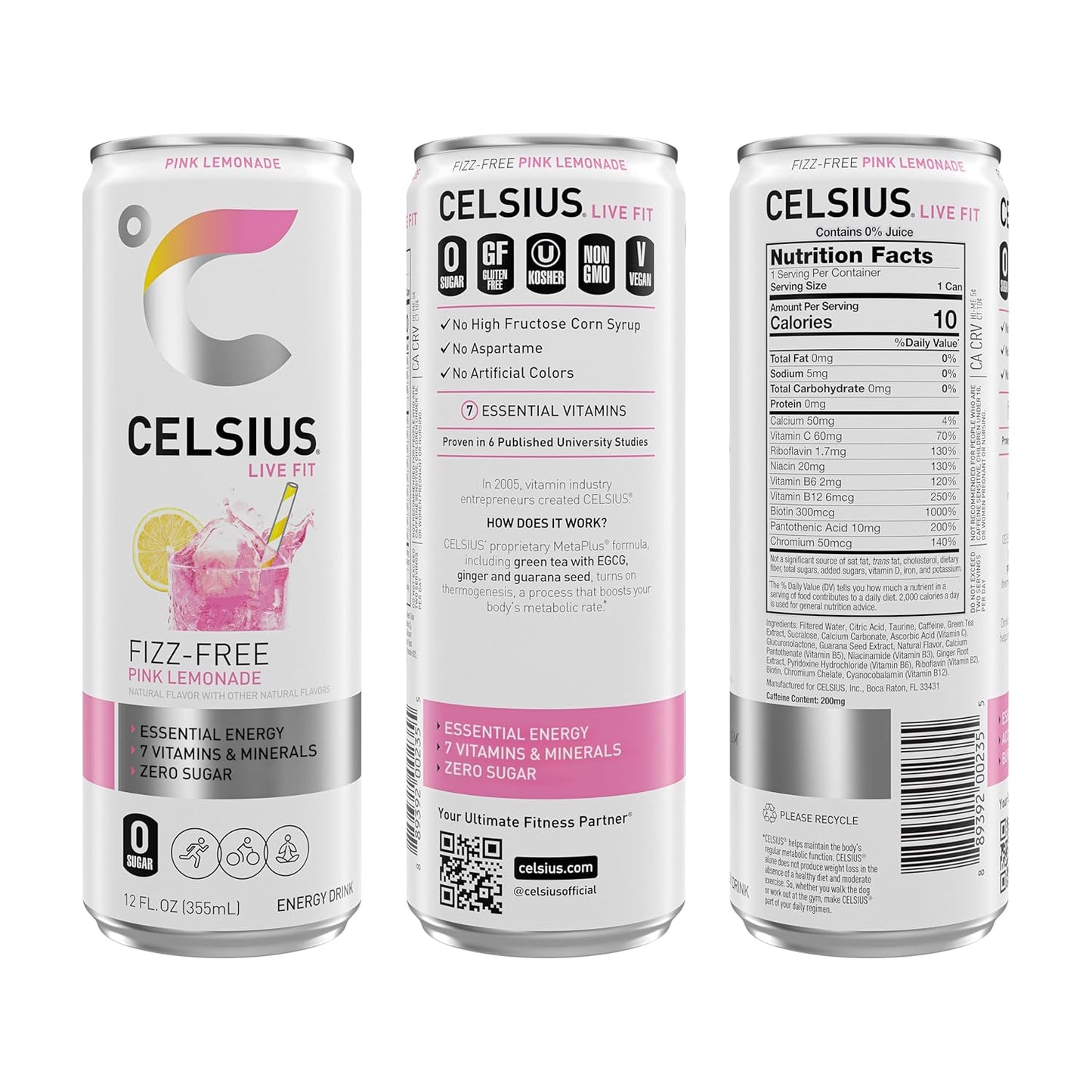 CELSIUS Fizz Free Pink Lemonade, Sugar Free Energy Drink, 12 Fl Oz (Pack of 12)