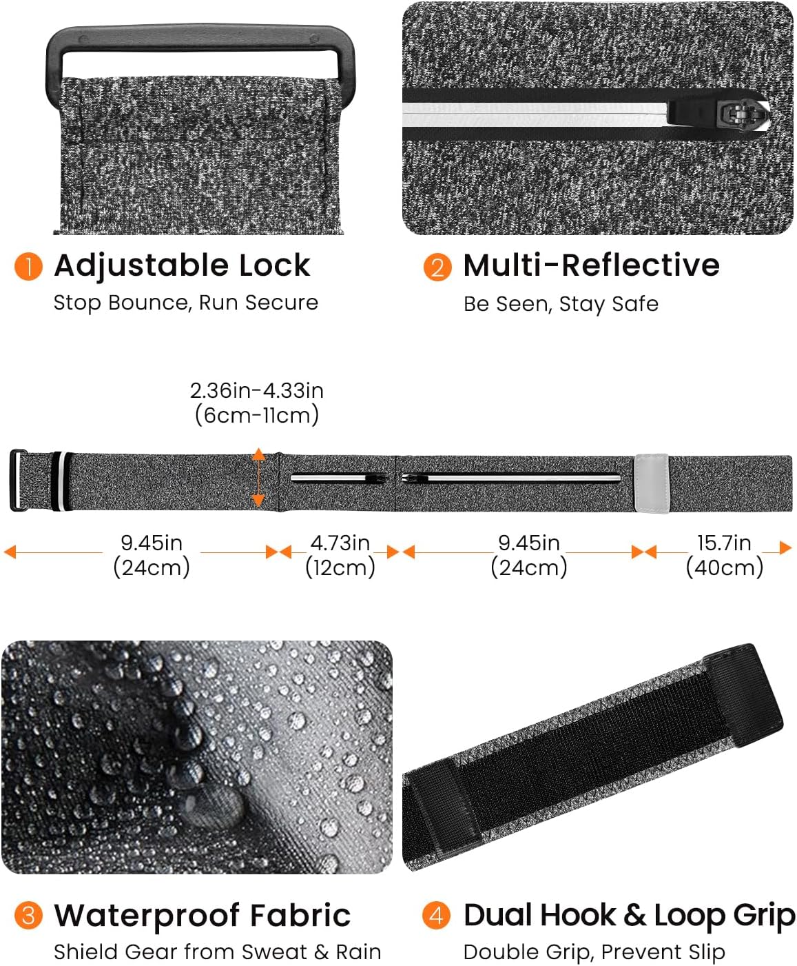 Running Belt for Women and Men, Adjustable Fanny Packs No Bounce Phone Holder for Running with Water Bottle & Headband, Waterproof Reflective Waist Packs for Runner Fits All Phones (L-Gray)