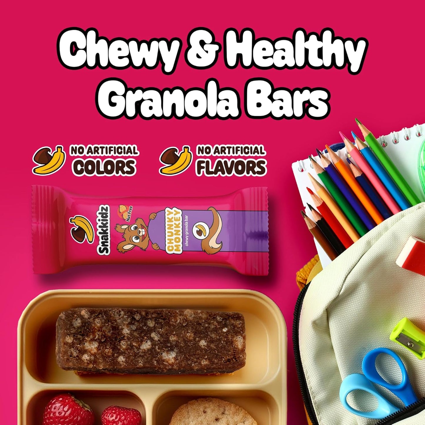 Snakkidz Organic Chewy Granola Bar, Allergen Free, Made with Avocado Oil, Low Sugar (15 Bars, Chunky Monkey)