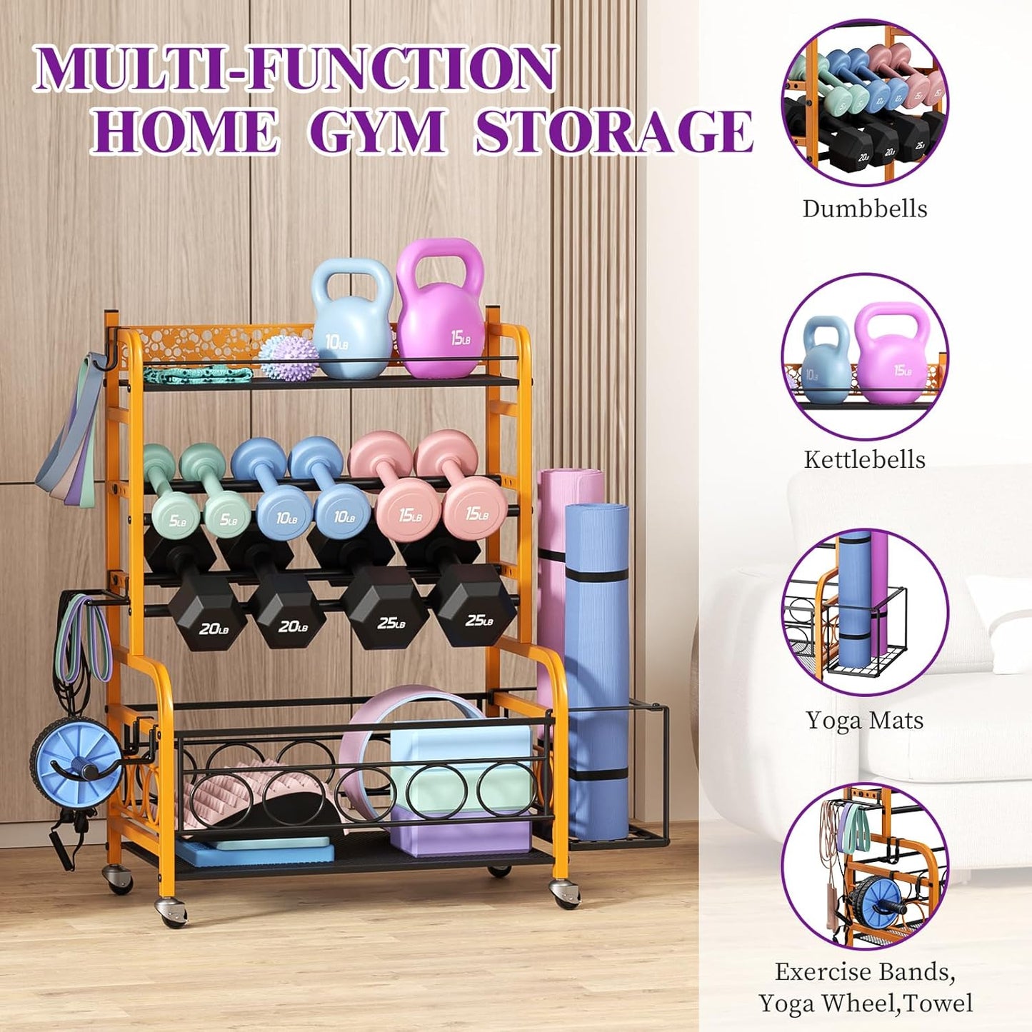 Dumbbell Rack, VOPEAK Weight Rack for Home Gym, Home Gym Storage Rack for Yoga Mat Kettlebells and Strength Training Equipment, Weight Storage Rack for Dumbbells with Wheels