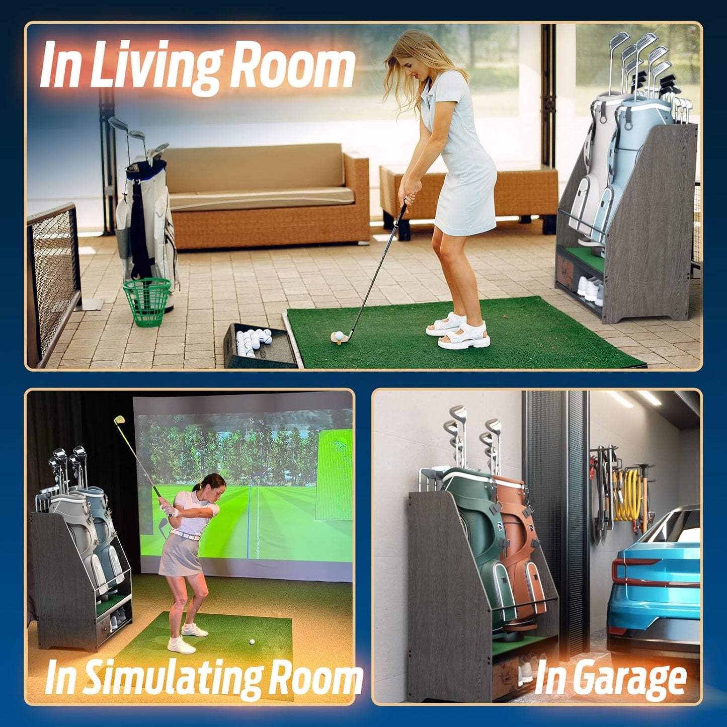 Golf Bag Organizer Storage for 2 Bags with Drawer – Easy Assemble Golf Club Stand Ideal for Garage, Clubs and Basement