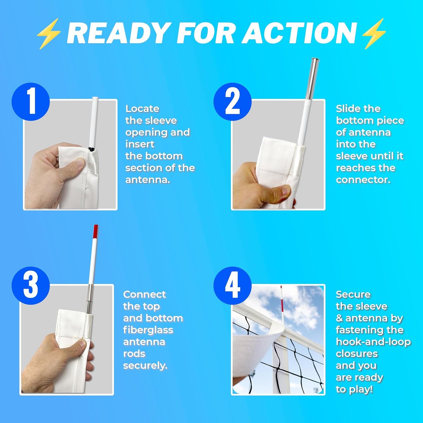 PRO Volleyball Antenna Pole Set – Foldable Fiberglass Volleyball Training Equipment with Hook & Loop Sleeves – Indoor & Beach Sports & Outdoors Accessories – Collapsible Referee Antenna Poles