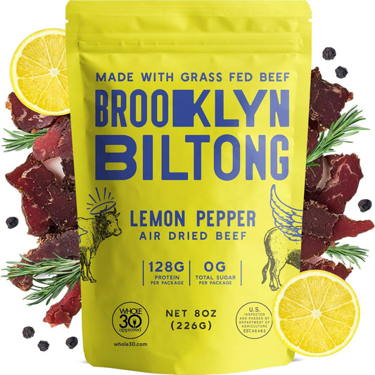 Brooklyn Biltong - Air Dried Grass Fed Beef Snack, South African Beef Jerky - Whole30 Approved, Paleo, Keto, Gluten Free, Sugar Free, Made in USA - 8 oz. Bag (Lemon Pepper)